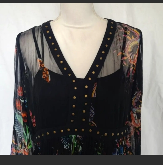 Anthropologie Maeve Black Green Nighttime Florals Sheer Dress US 8 - Picture 3 of 9